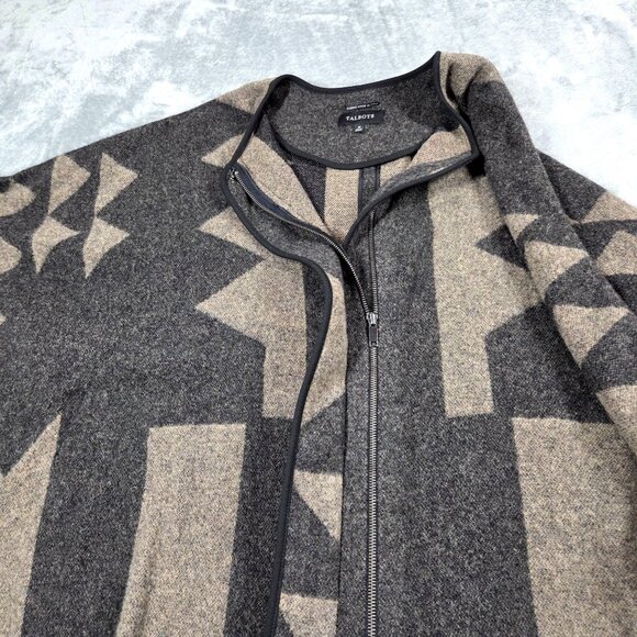 Talbots Cape Medium Gray Tan Wool Blend Zip Up Boho Southwestern Poncho - Picture 8 of 10